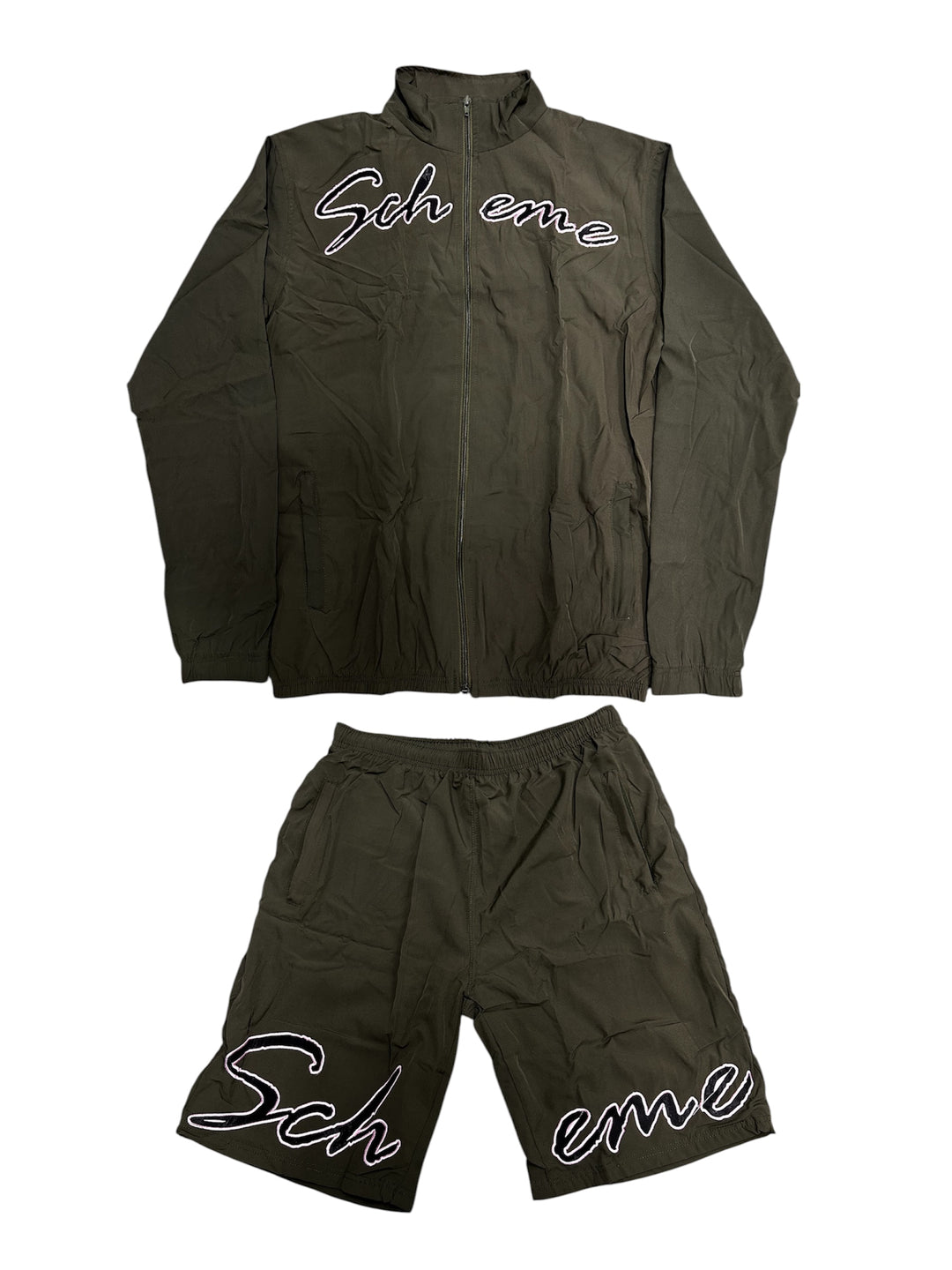 “Scheme” Script Nylon Short Set - Olive Green