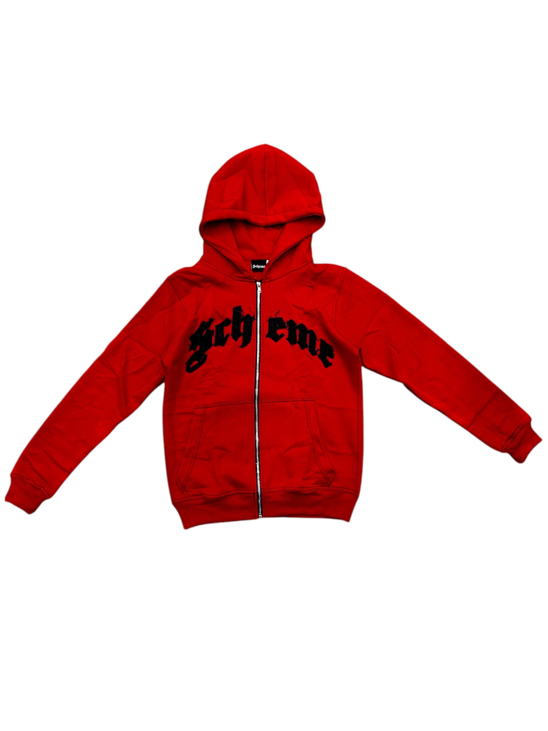 "Scheme" Distressed Zip Up Hoodie - Red