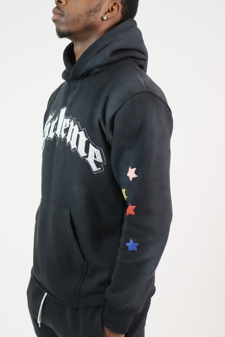 Rhinestone Star Puff Hoodie - Washed Black