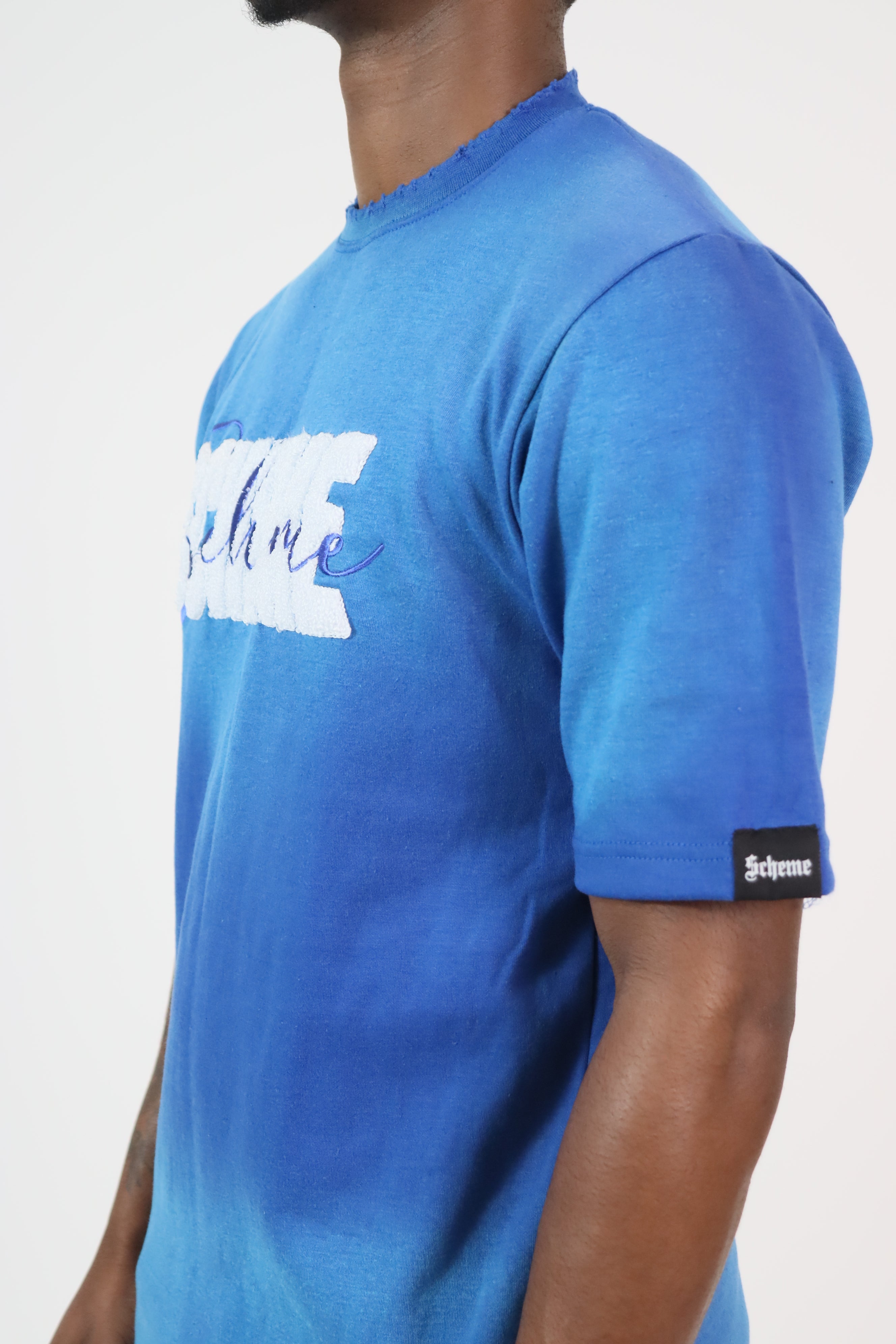 "Scheme" Distressed Chenille Tee - Washed Blue