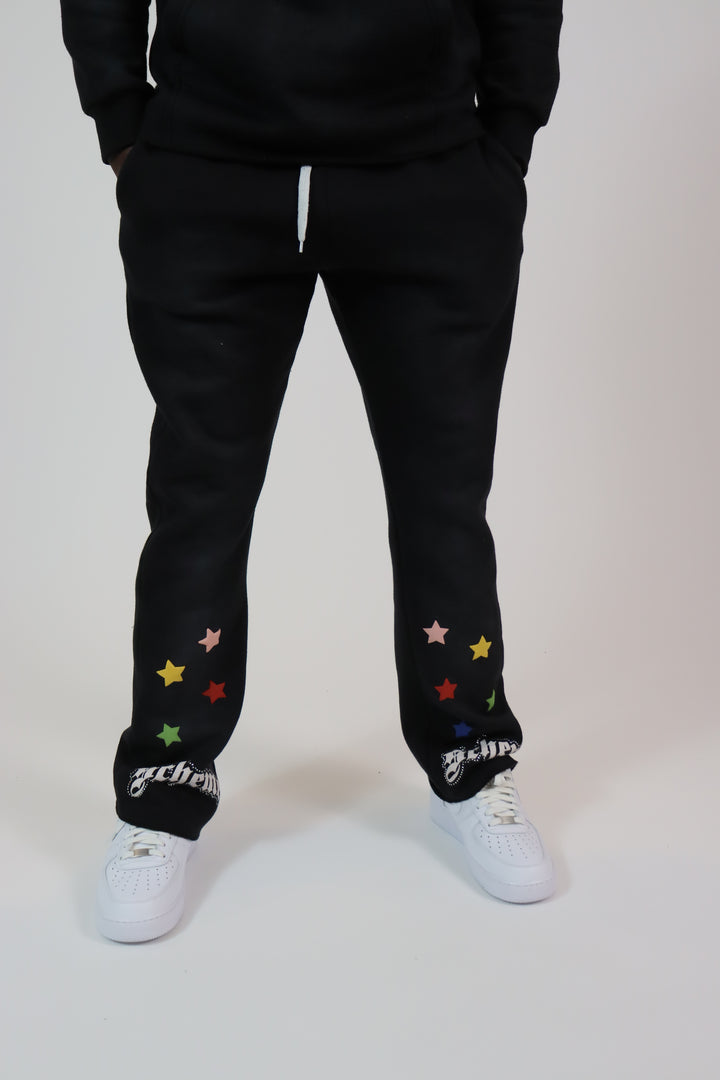 Rhinestone Star Puff Flare Sweats - Washed Black