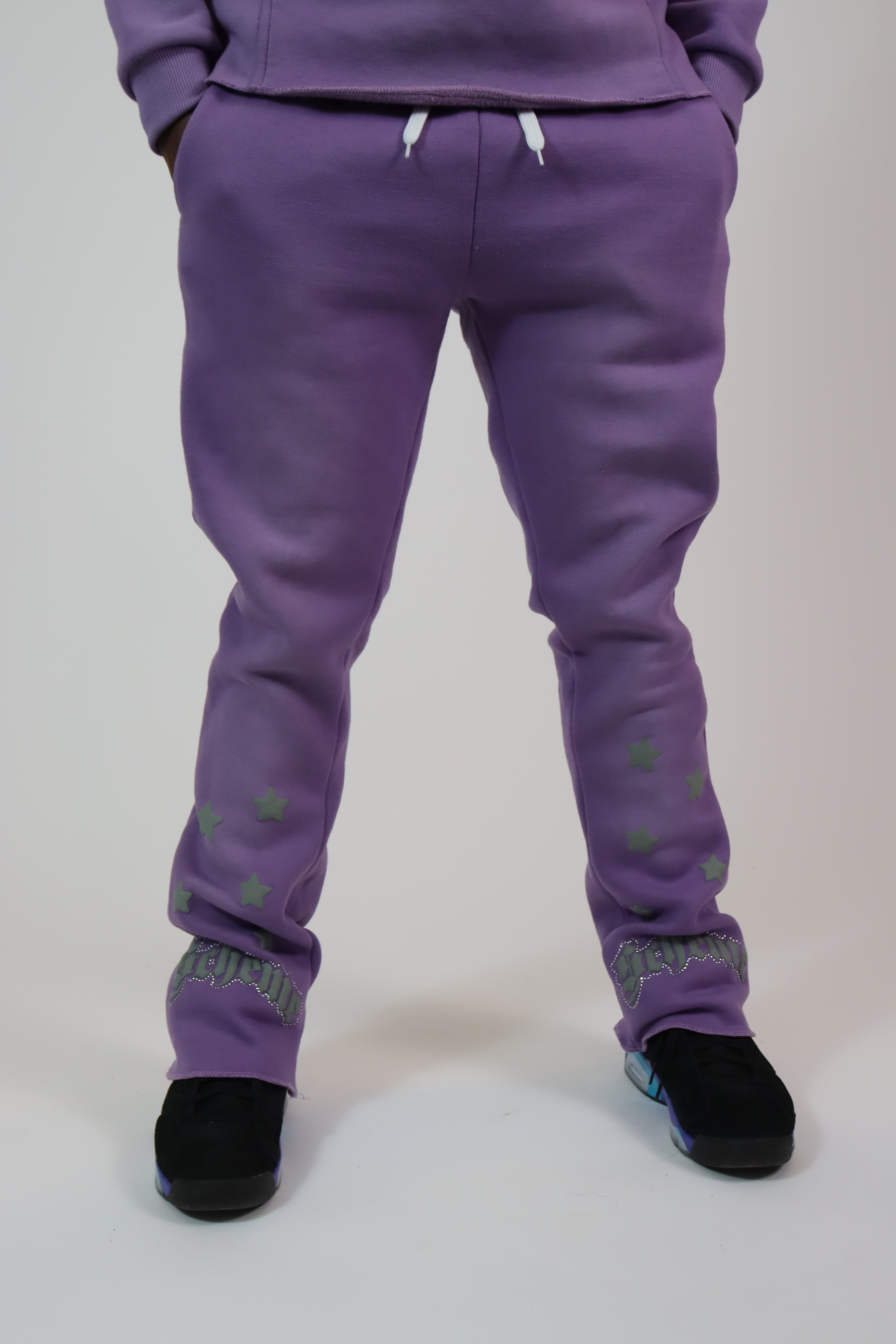 Rhinestone Star Puff Flare Sweats - Washed Purple