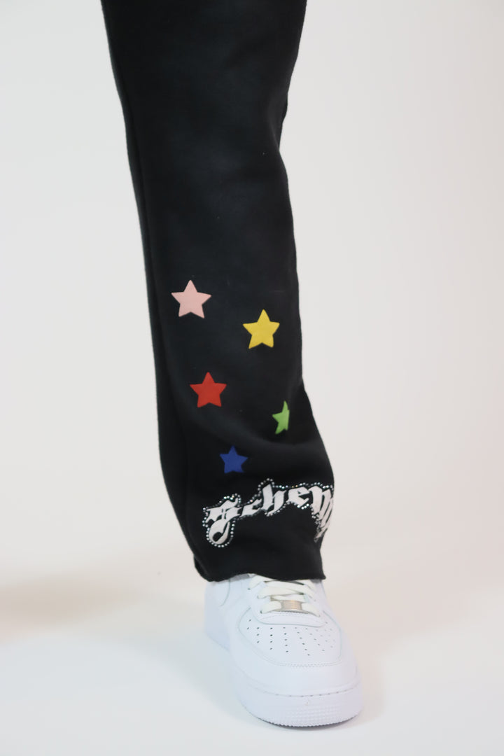 Rhinestone Star Puff Flare Sweats - Washed Black