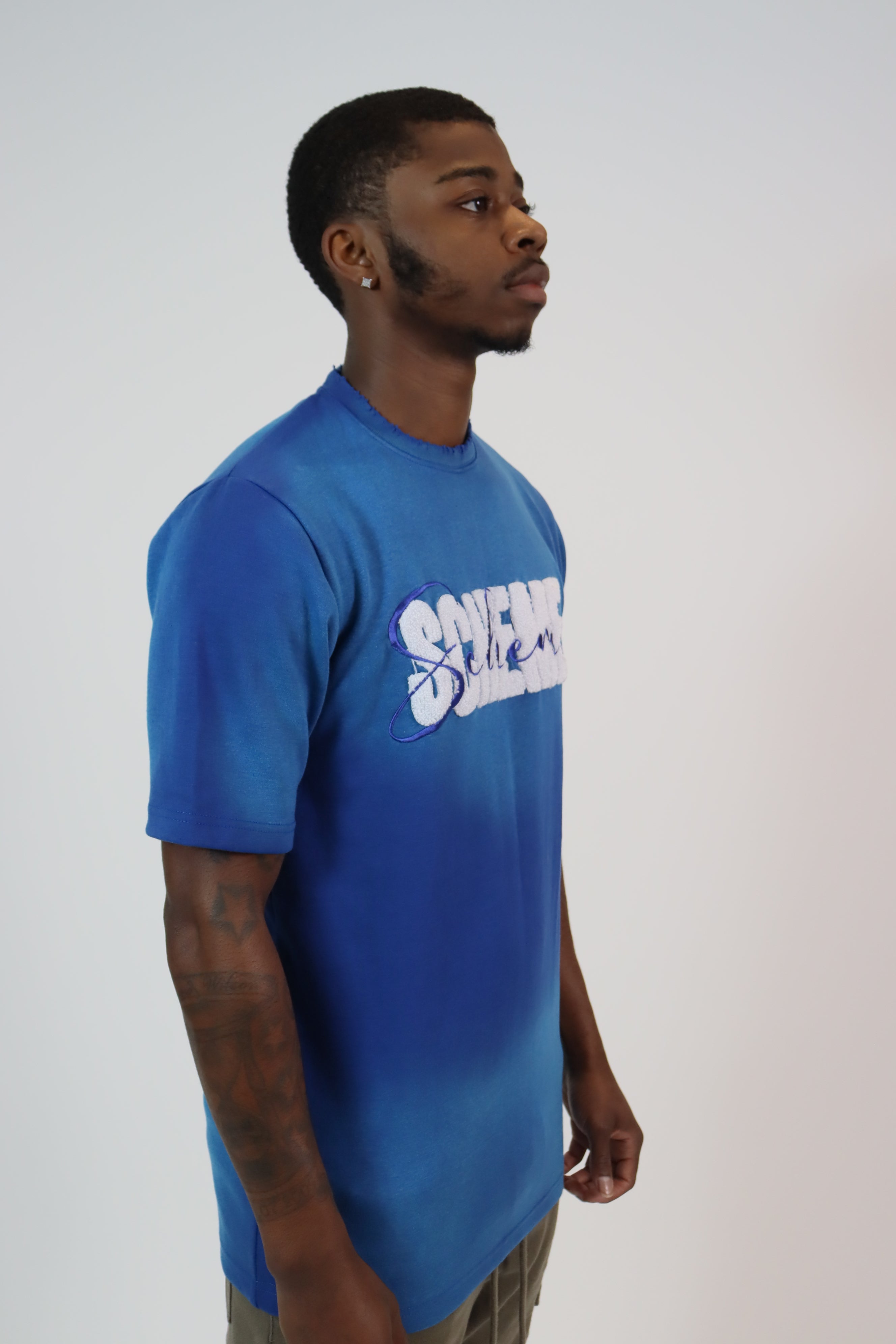 "Scheme" Distressed Chenille Tee - Washed Blue