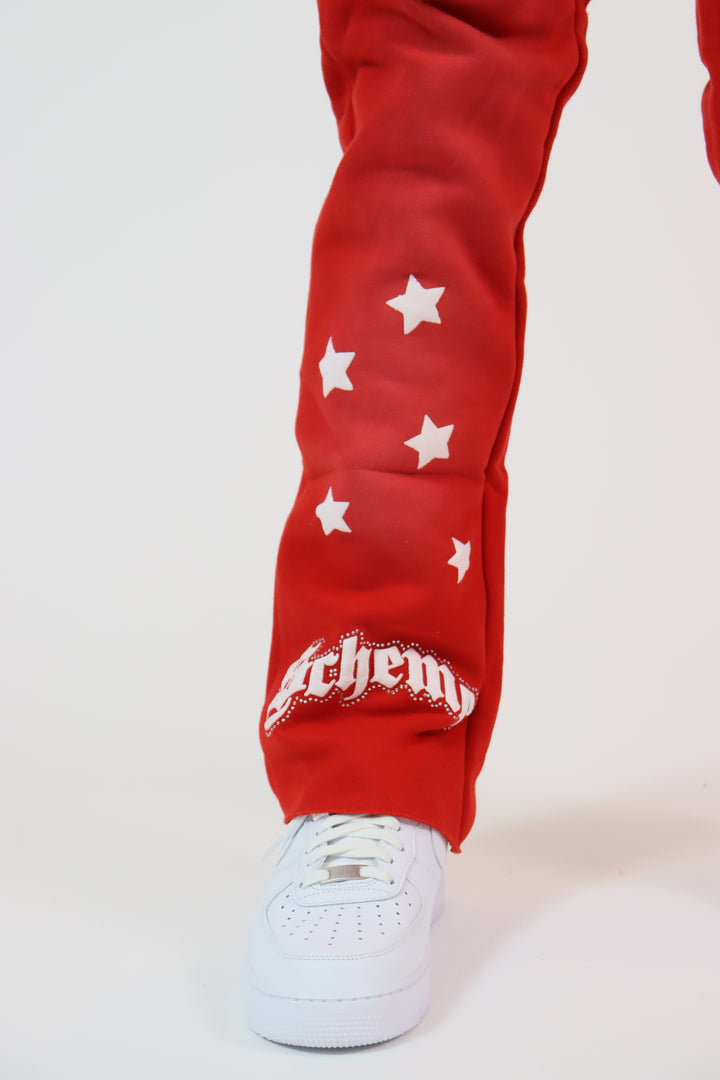 Rhinestone Star Puff Flare Sweats - Washed Red