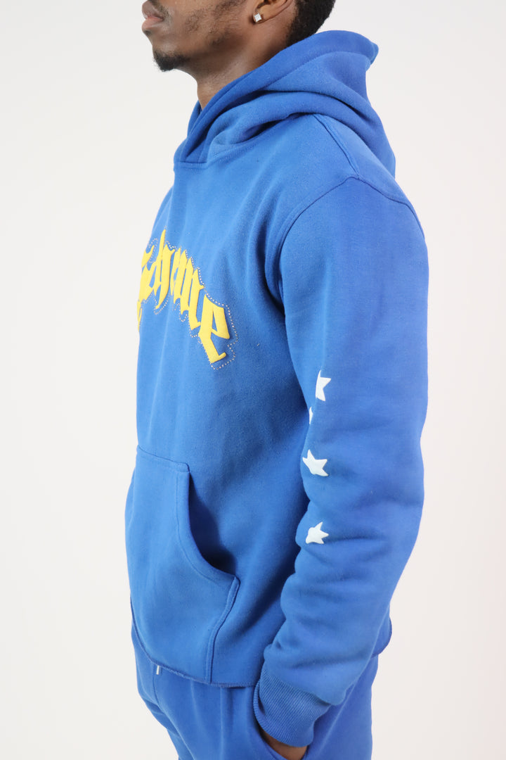 Rhinestone Star Puff Hoodie - Washed Blue