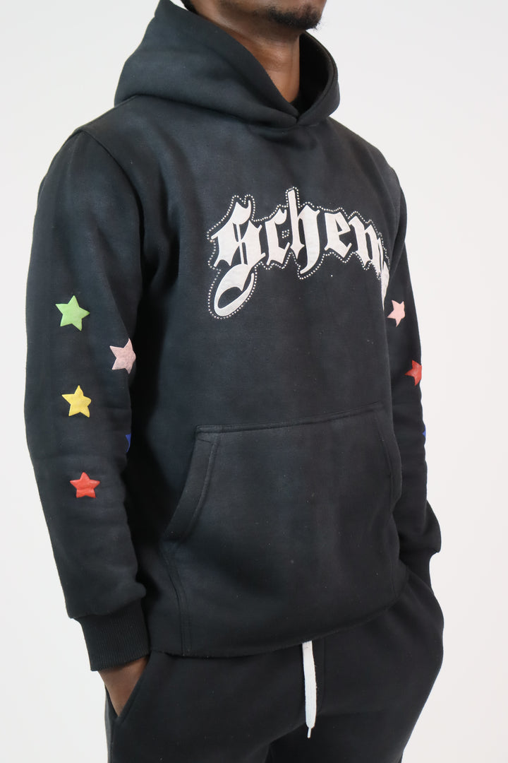 Rhinestone Star Puff Hoodie - Washed Black