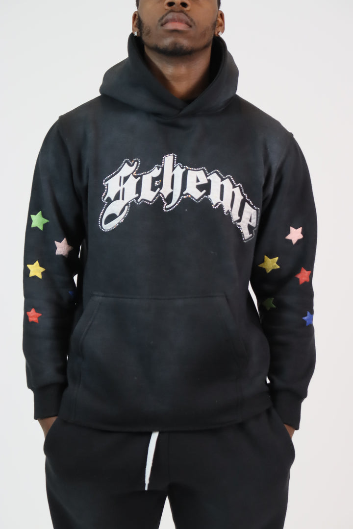 Rhinestone Star Puff Hoodie - Washed Black