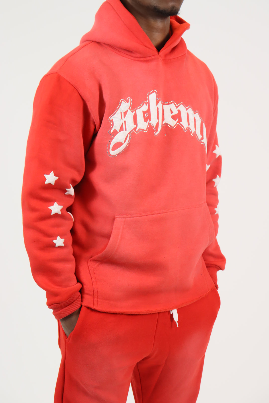 Rhinestone Star Puff Hoodie - Washed Red