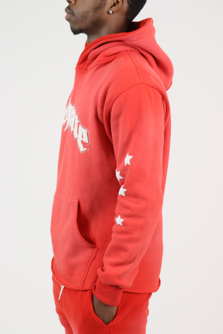 Rhinestone Star Puff Hoodie - Washed Red