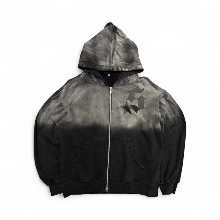 Varsity Patch Zip Up Hoodie  - Black