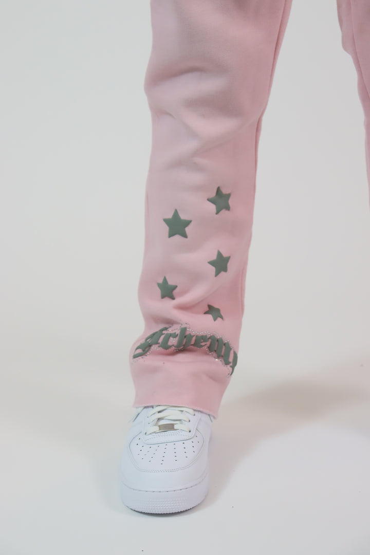 Rhinestone Star Puff Flare Sweats - Washed Pink