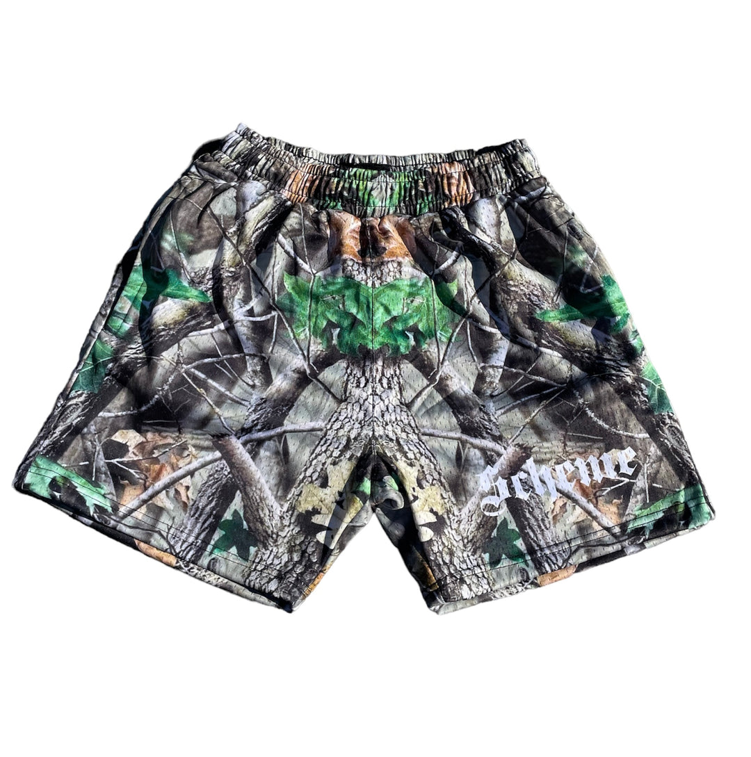 Men's graphic mesh shorts with a picture of hunting camo