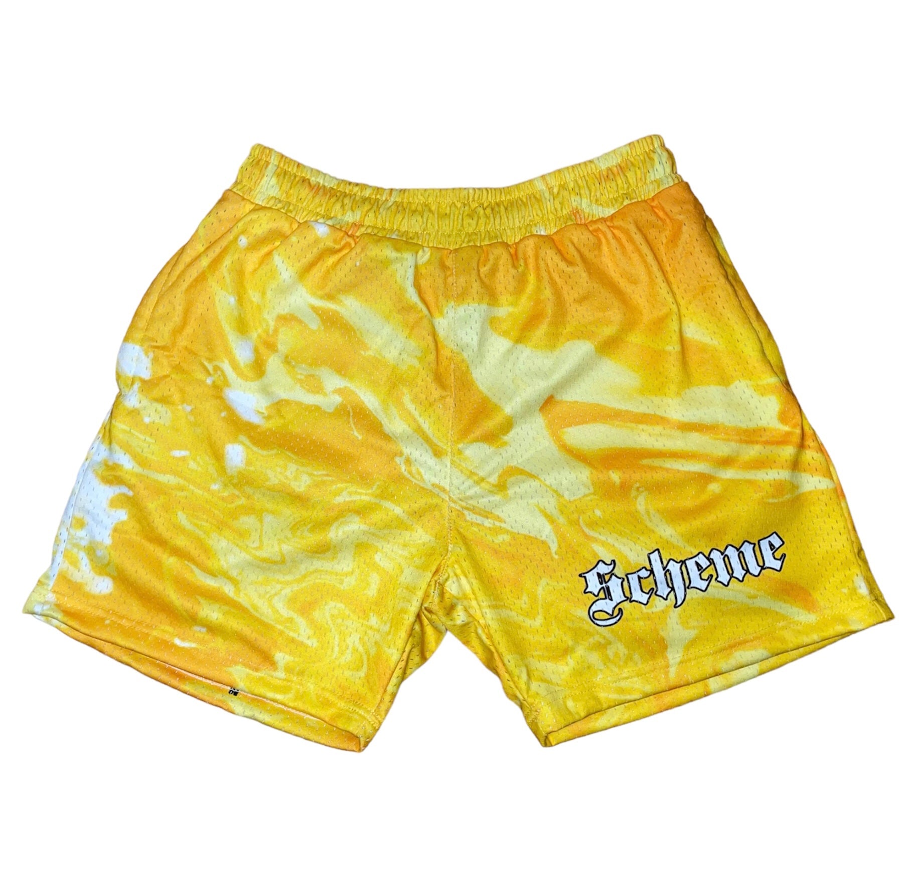 Men's graphic mesh shorts with a picture of yellow black white marble