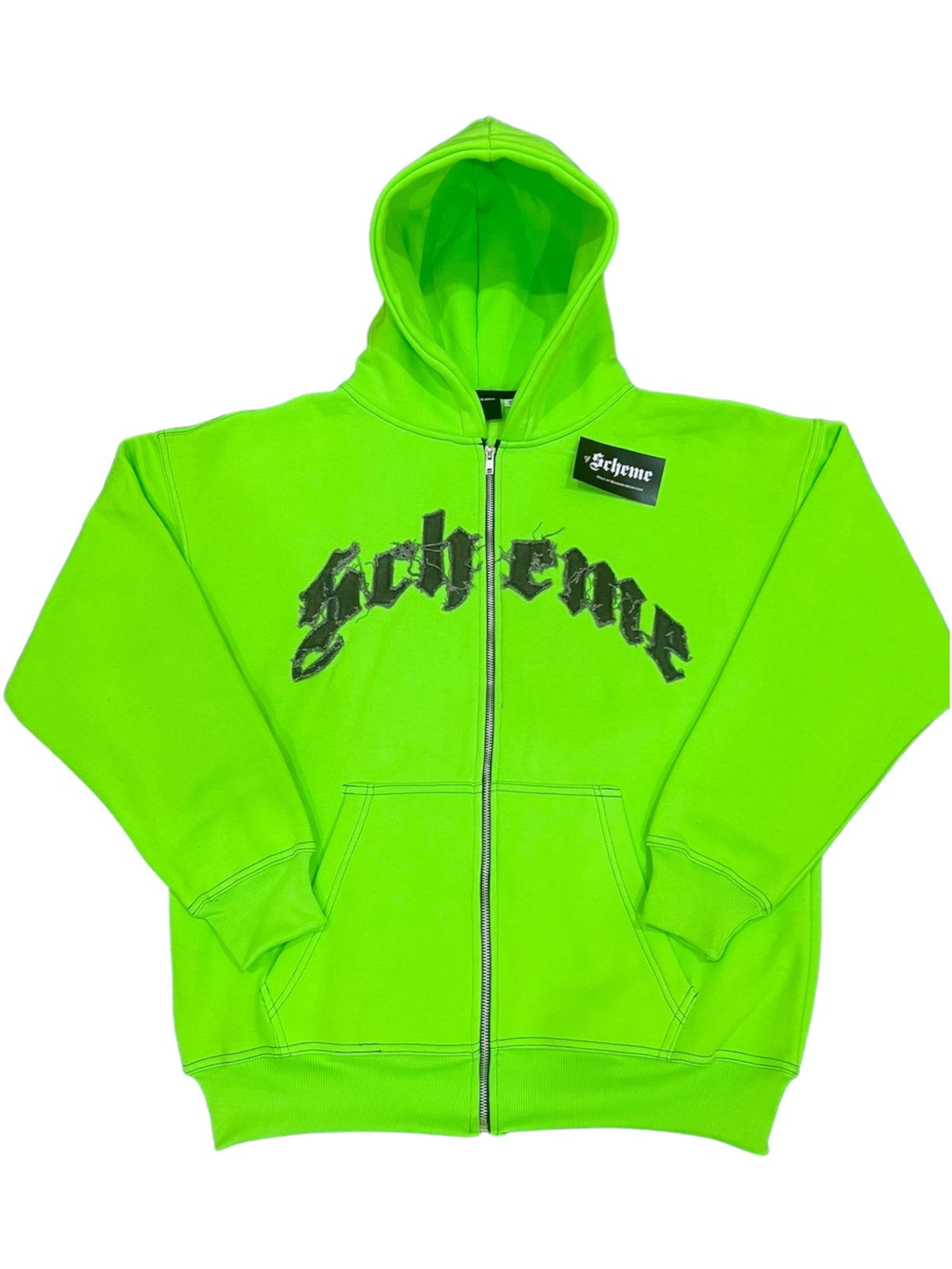 "Scheme" Distressed Zip Up Hoodie  - Lime Green