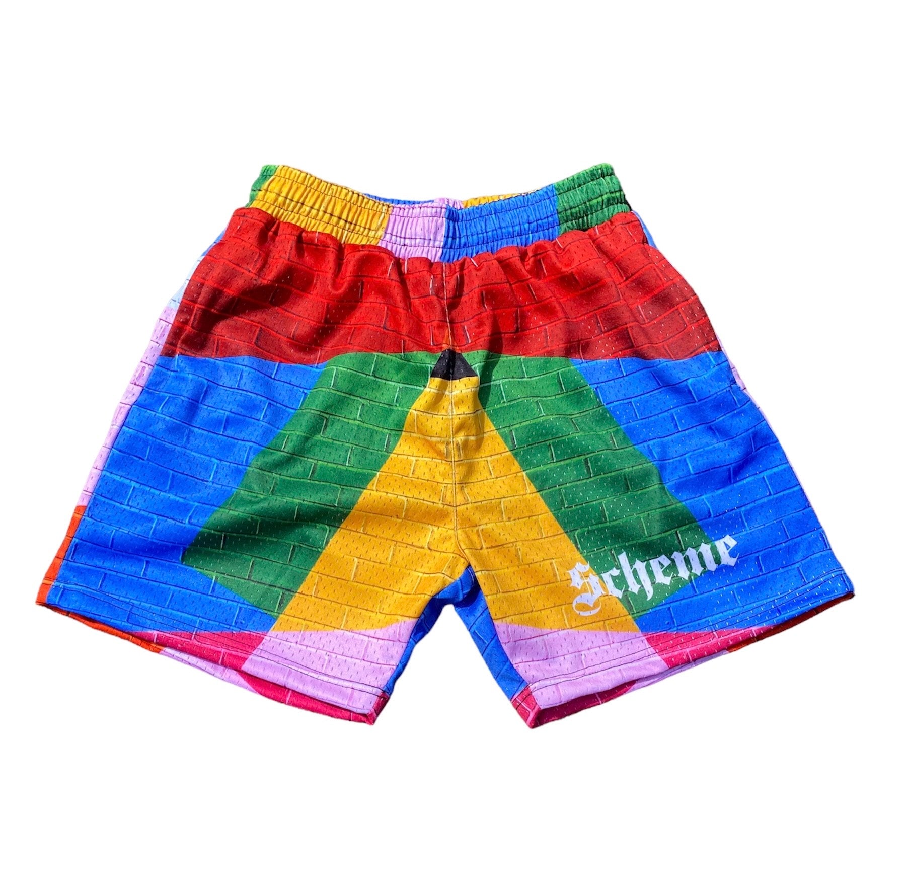 Men's graphic mesh shorts with a picture of bricks multi color  Carolina blue, red, pink, green, black, yellow