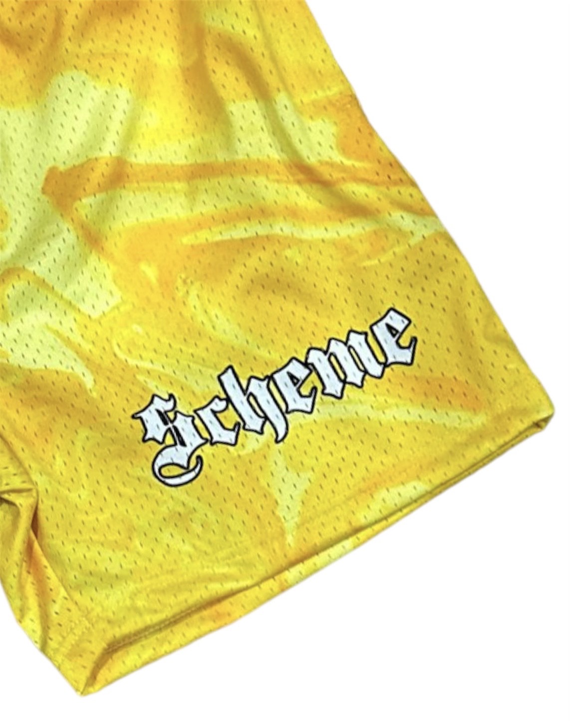 Men's graphic mesh shorts with a picture of yellow black white marble