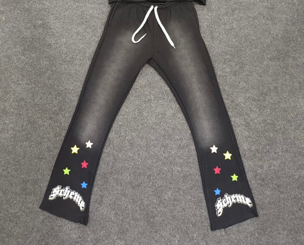 "Scheme" Rhinestone Star Puff - Washed Black Flare Sweats - Scheme Wear