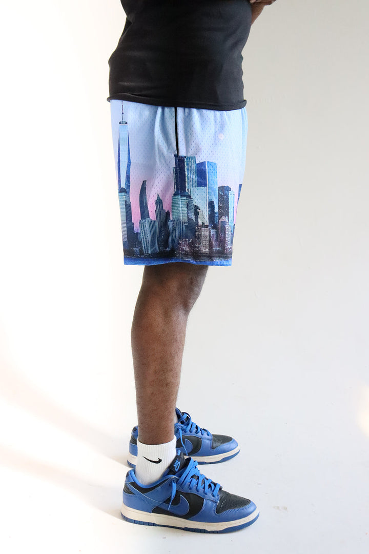 Men's graphic mesh shorts with a picture of nyc skyline