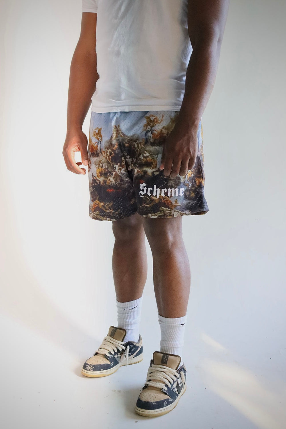 Men's graphic mesh shorts with a picture of a painting