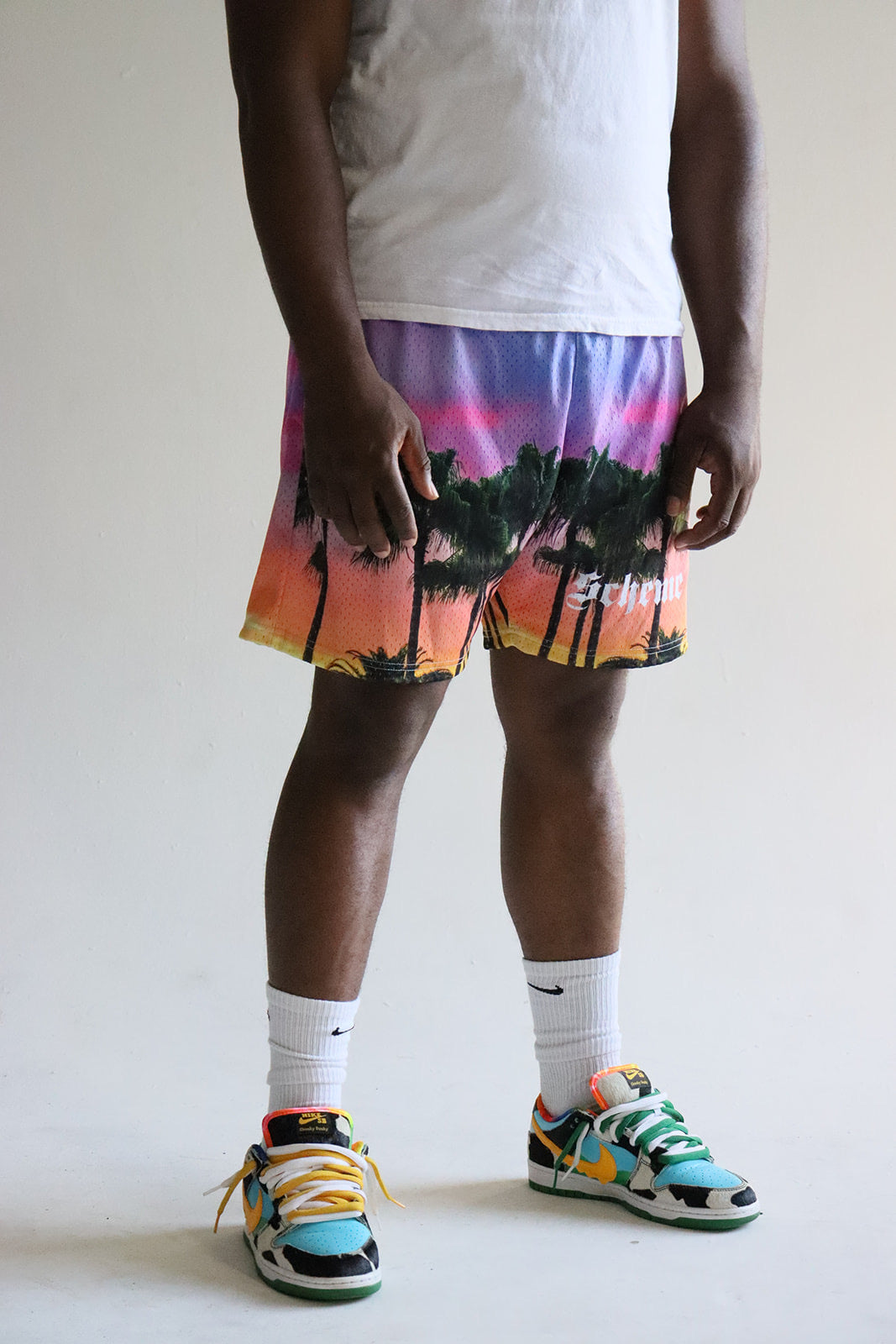 Men's graphic mesh shorts with a picture of palm trees