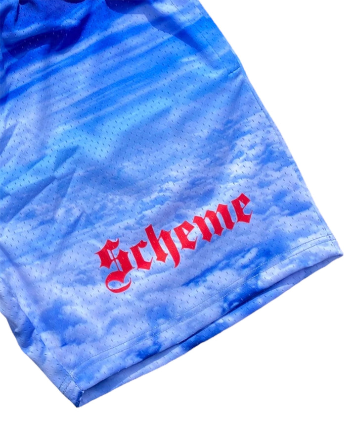 Men's graphic mesh shorts with a picture of sky clouds