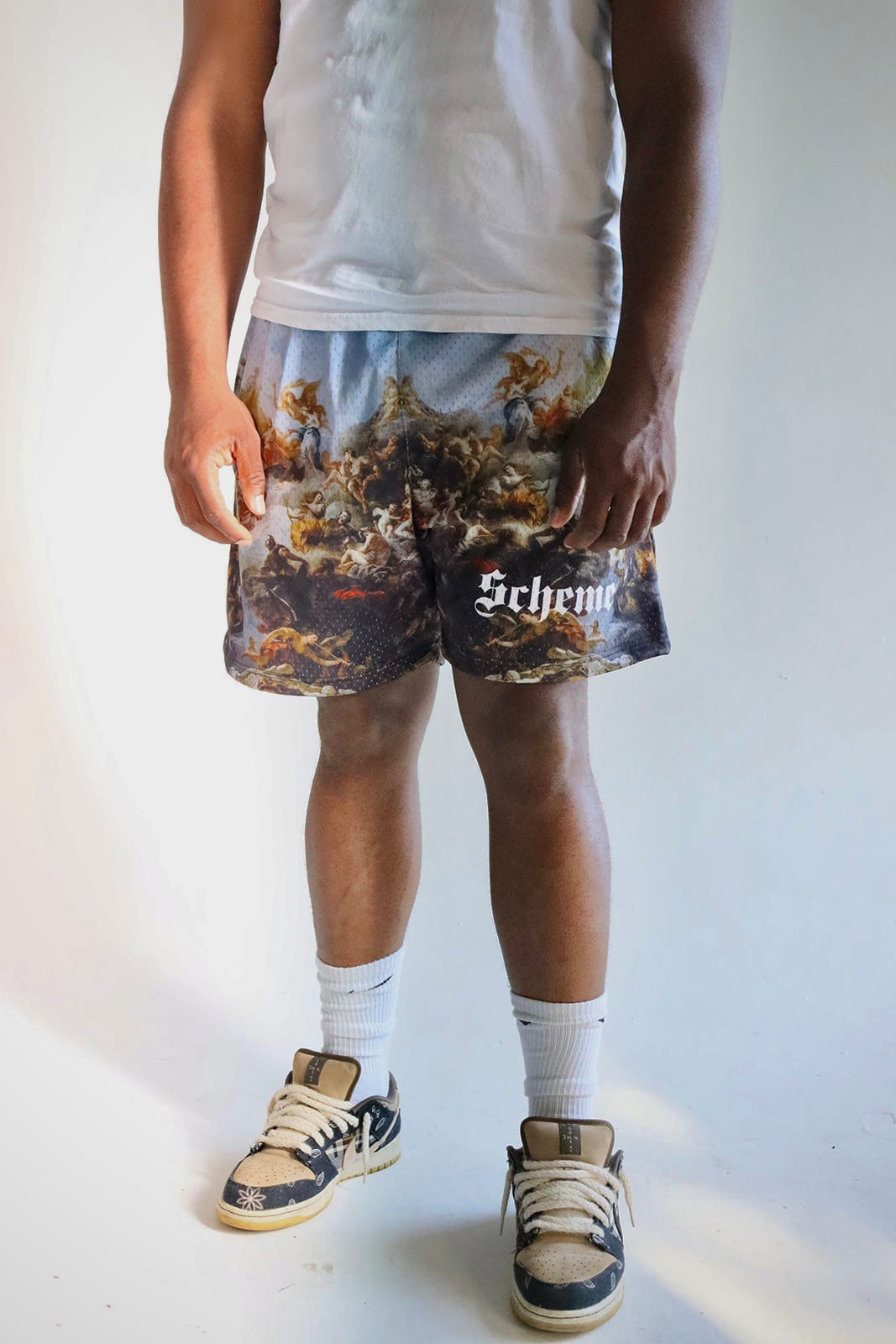 Men's graphic mesh shorts with a picture of a painting