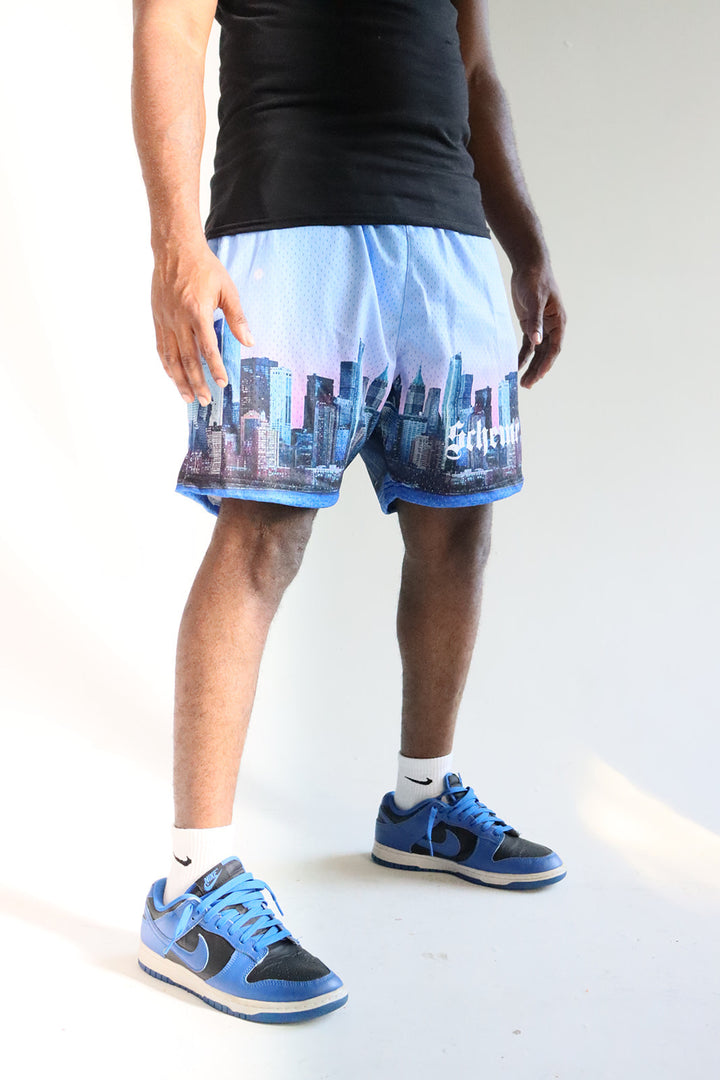 Men's graphic mesh shorts with a picture of nyc skyline