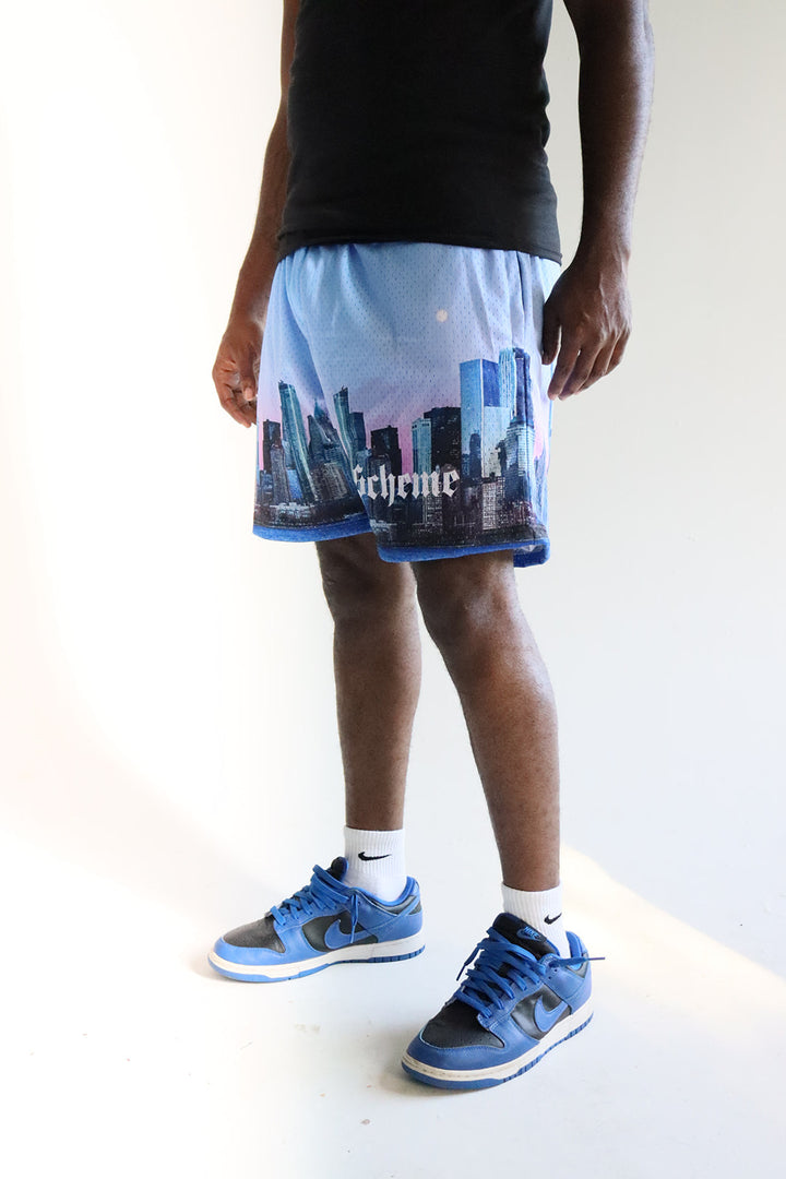 Men's graphic mesh shorts with a picture of nyc skyline