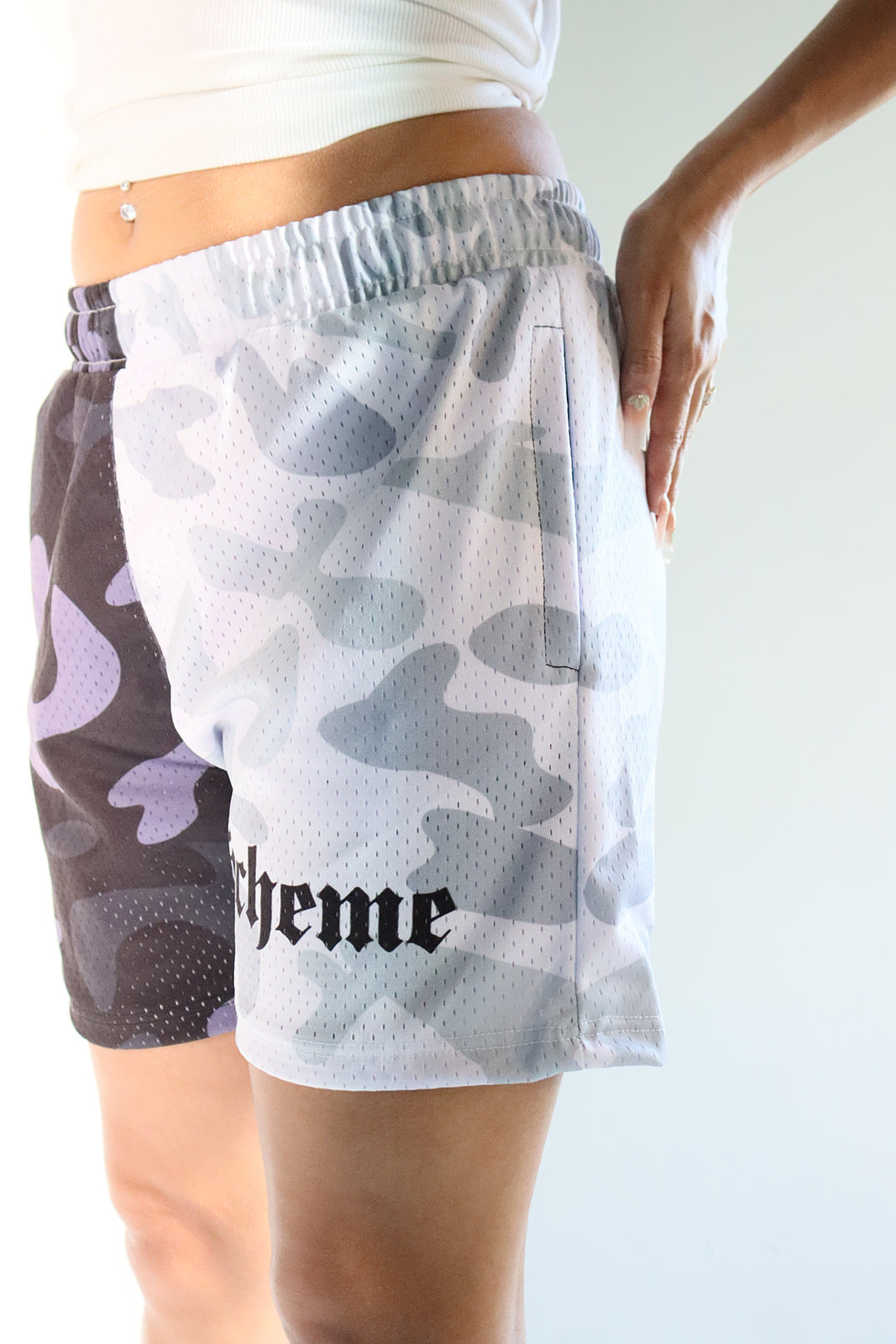 Men's graphic mesh shorts with a picture of white black gray camo
