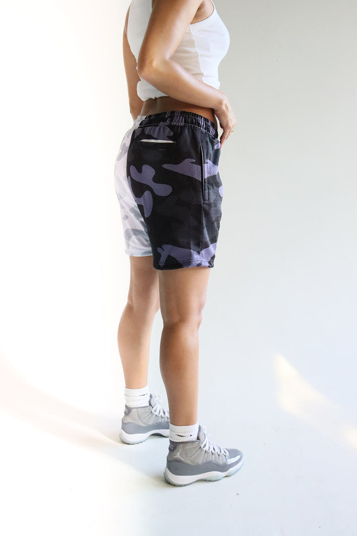 Men's graphic mesh shorts with a picture of white black gray camo