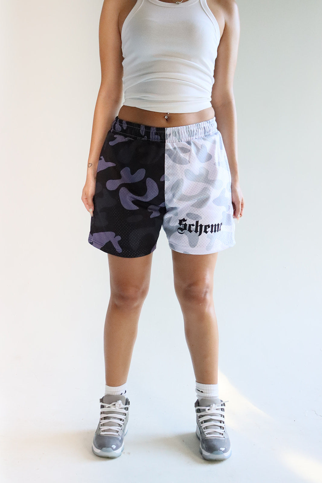 Men's graphic mesh shorts with a picture of white black gray camo