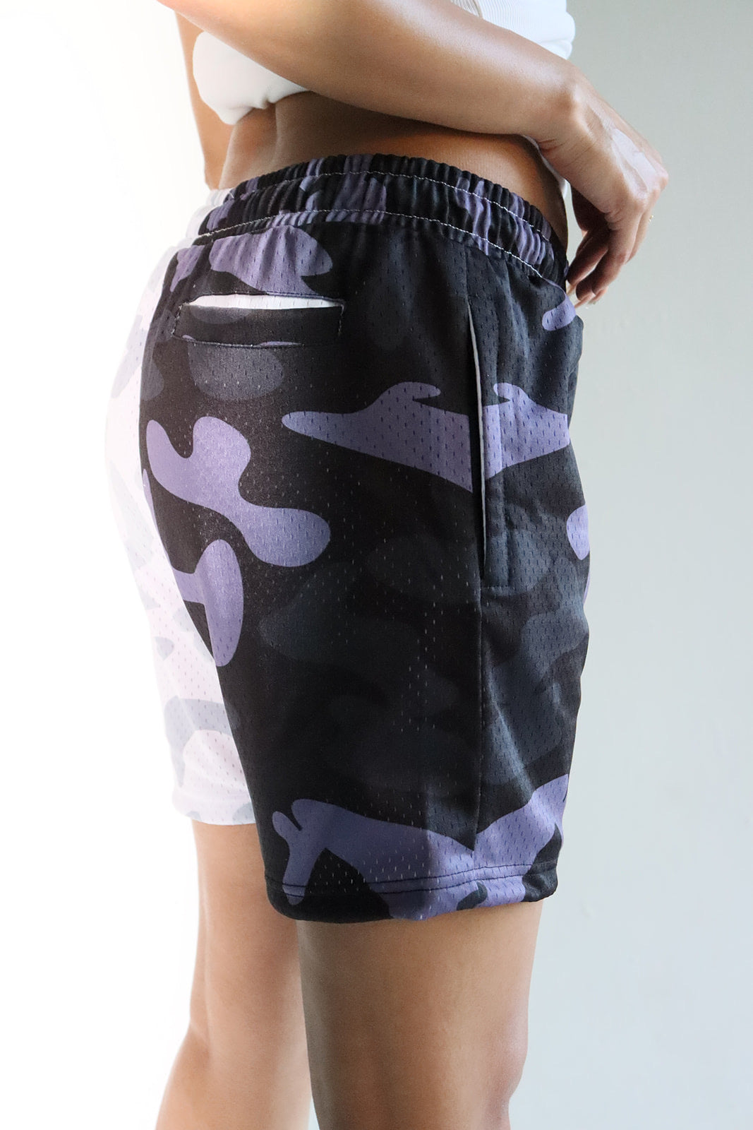 Men's graphic mesh shorts with a picture of white black gray camo