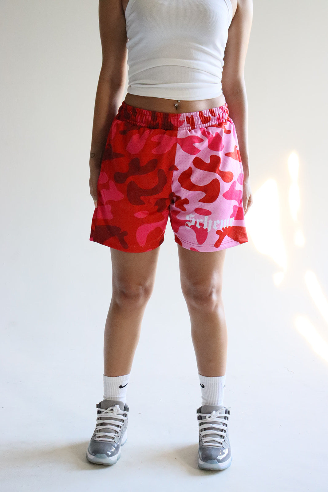 Men's graphic mesh shorts with a picture of red pink camo