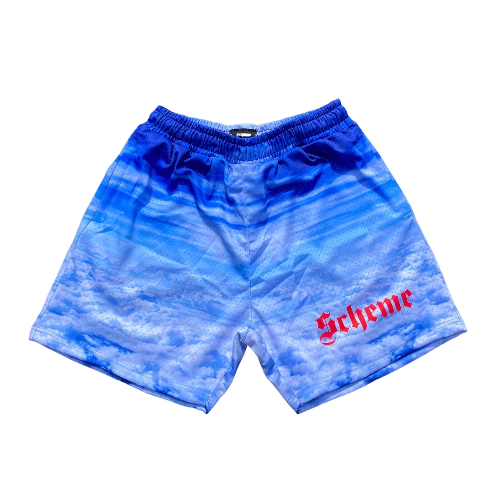Men's graphic mesh shorts with a picture of sky clouds