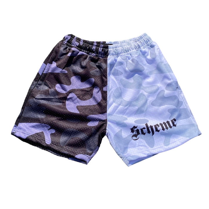 Men's graphic mesh shorts with a picture of white black gray camo