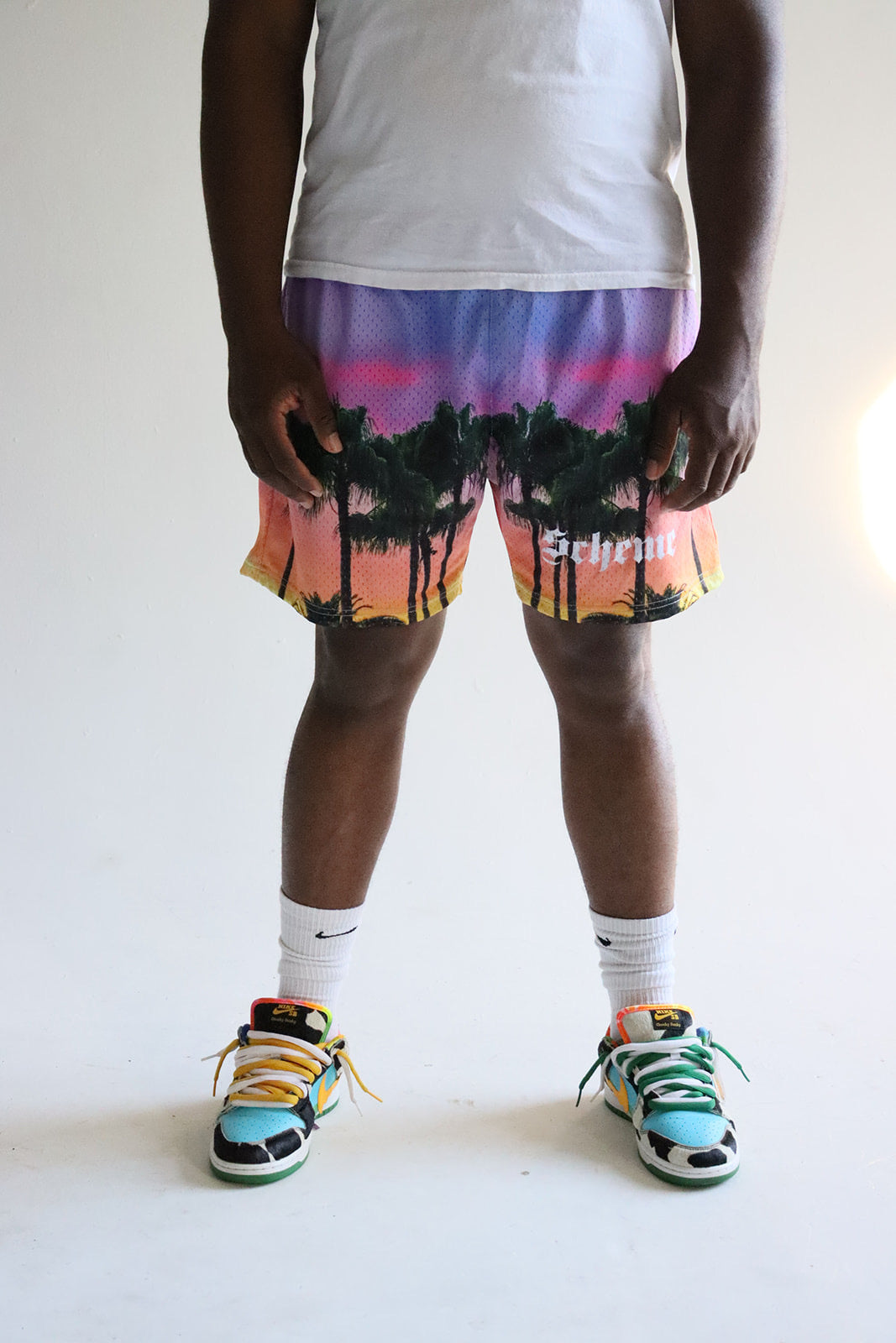 Men's graphic mesh shorts with a picture of palm trees
