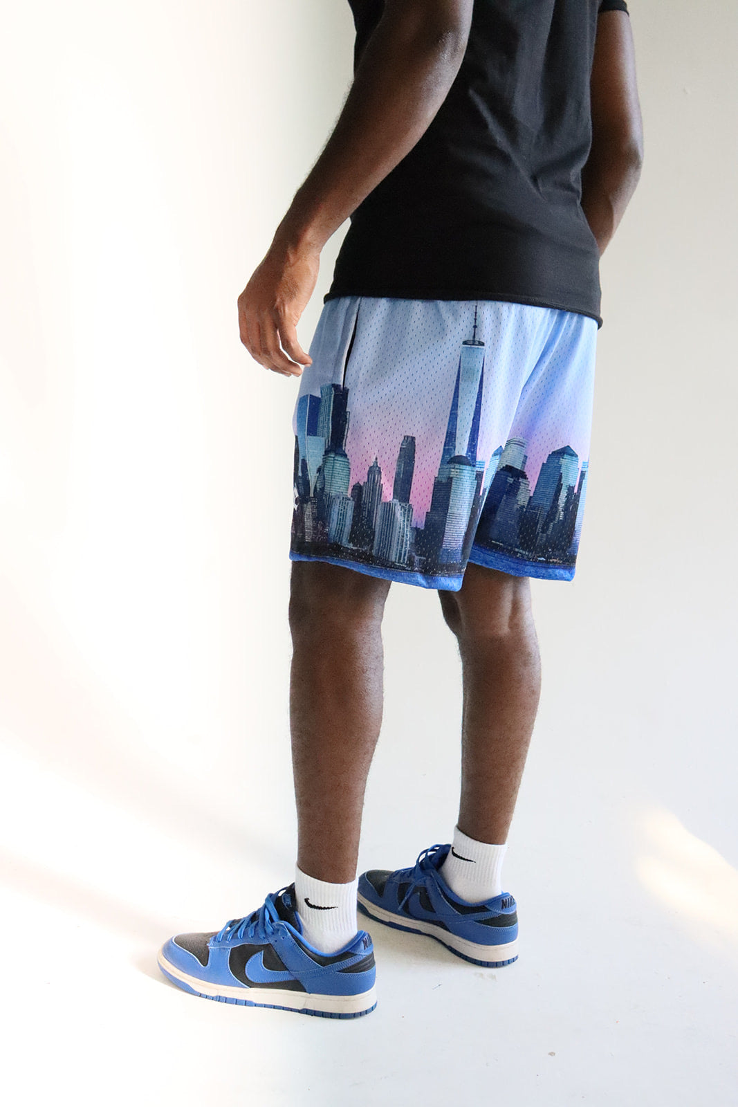 Men's graphic mesh shorts with a picture of nyc skyline