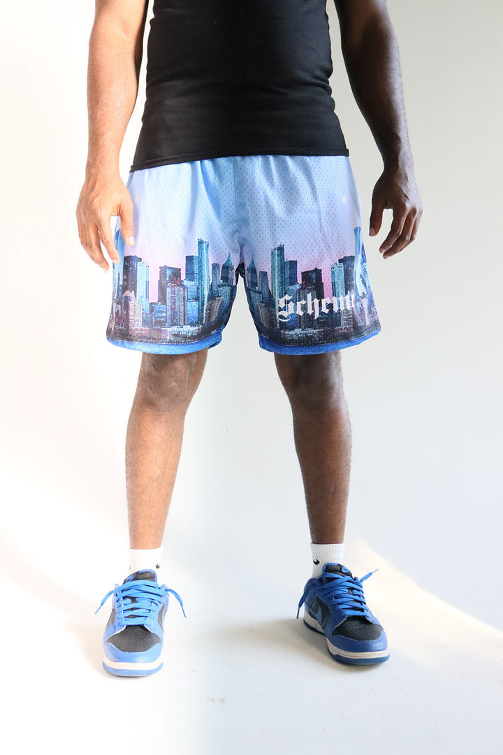 Men's graphic mesh shorts with a picture of nyc skyline