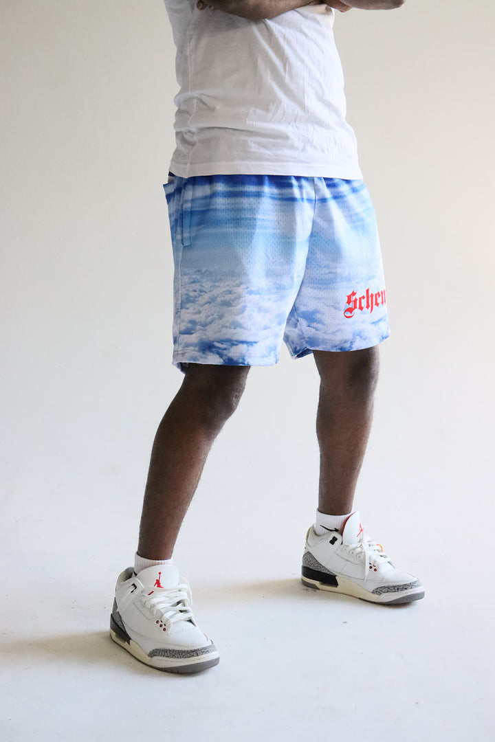 Men's graphic mesh shorts with a picture of sky clouds