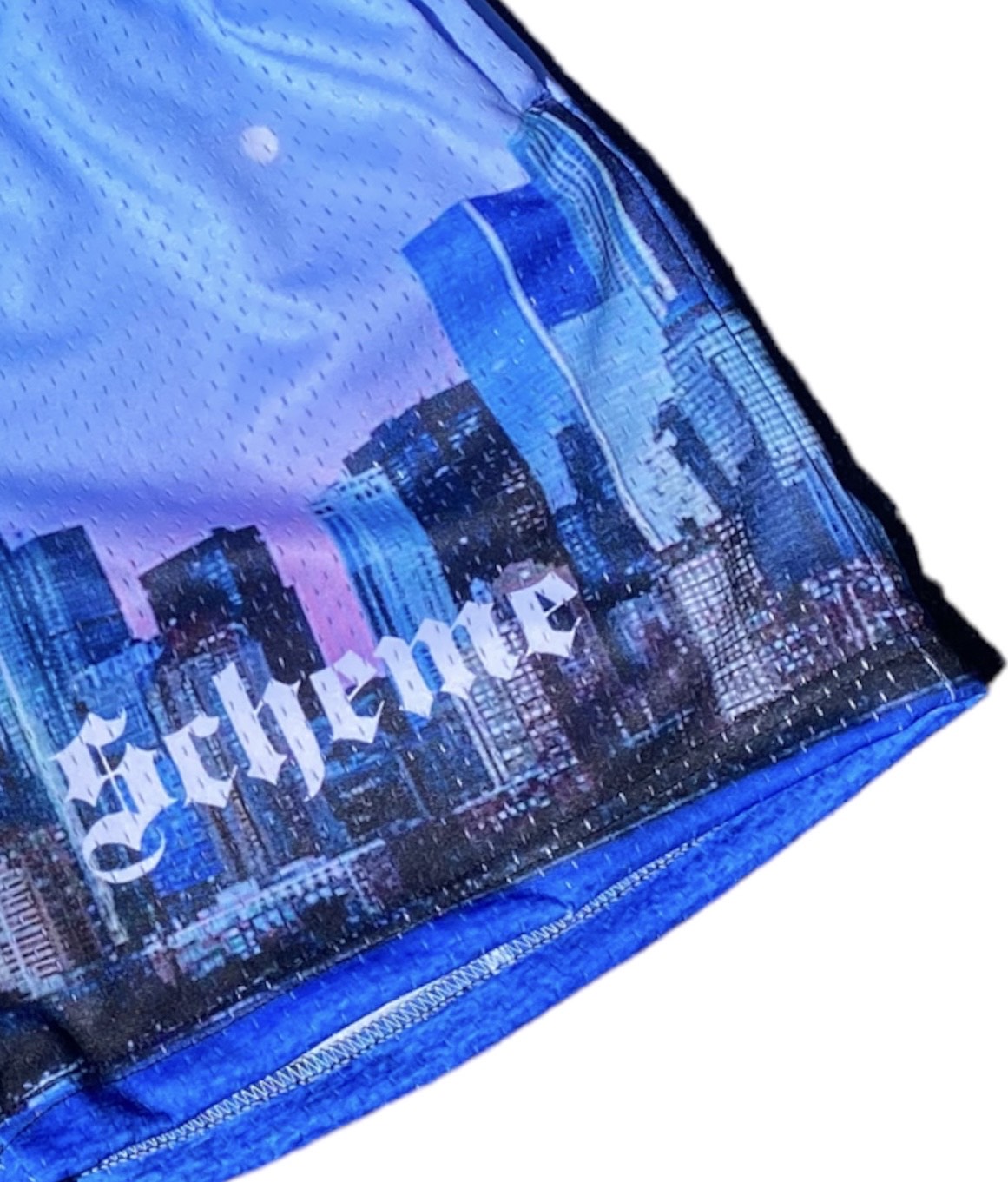 Men's graphic mesh shorts with a picture of nyc skyline