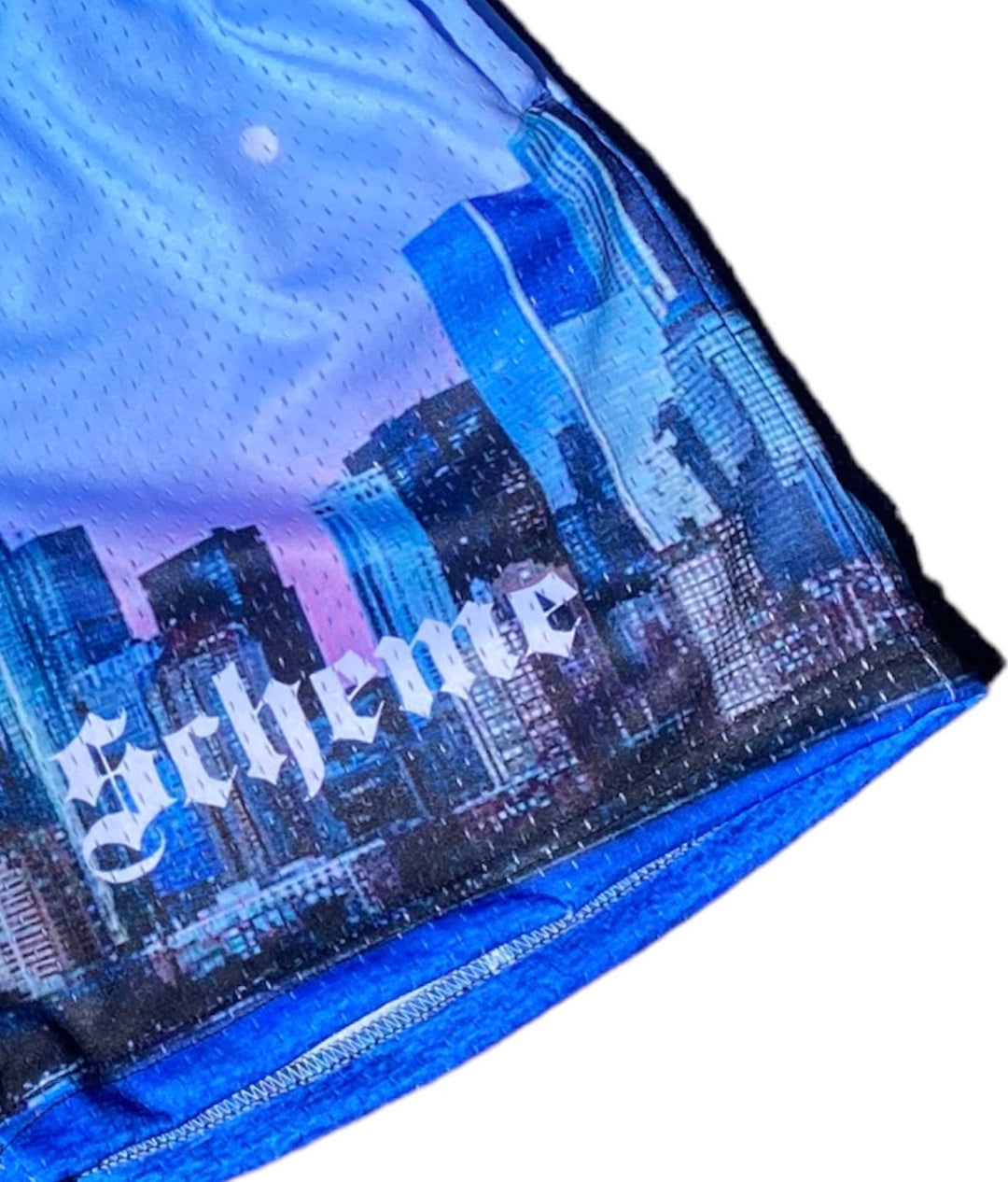 Men's graphic mesh shorts with a picture of nyc skyline